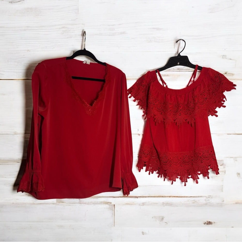 Elegant Red Lace Trim Blouse Set